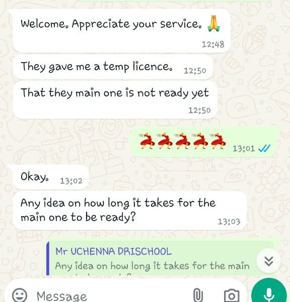 Customer WhatsApp review for temporary driver's licence