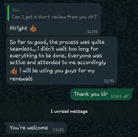 Customer WhatsApp feedback praising the seamless renewal process