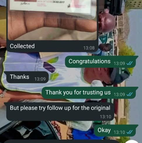 Customer WhatsApp confirmation of collecting driver's licence document
