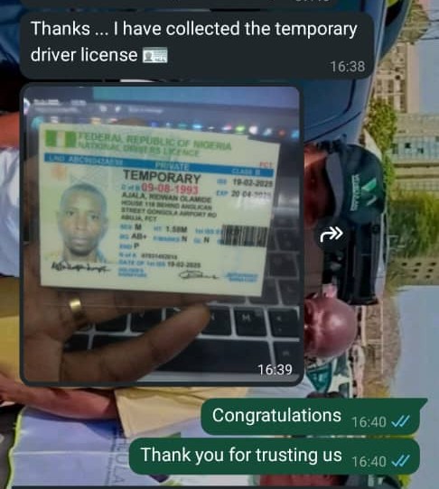Customer photo confirming collection of temporary driver licence