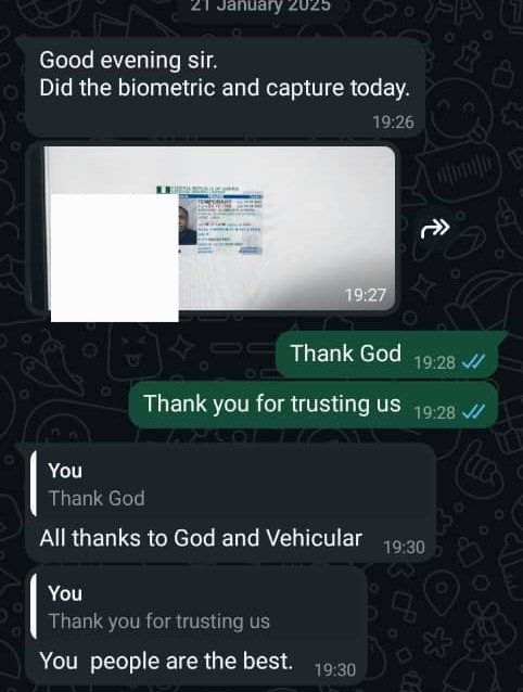 Customer WhatsApp message after biometric capture praising Vehicular